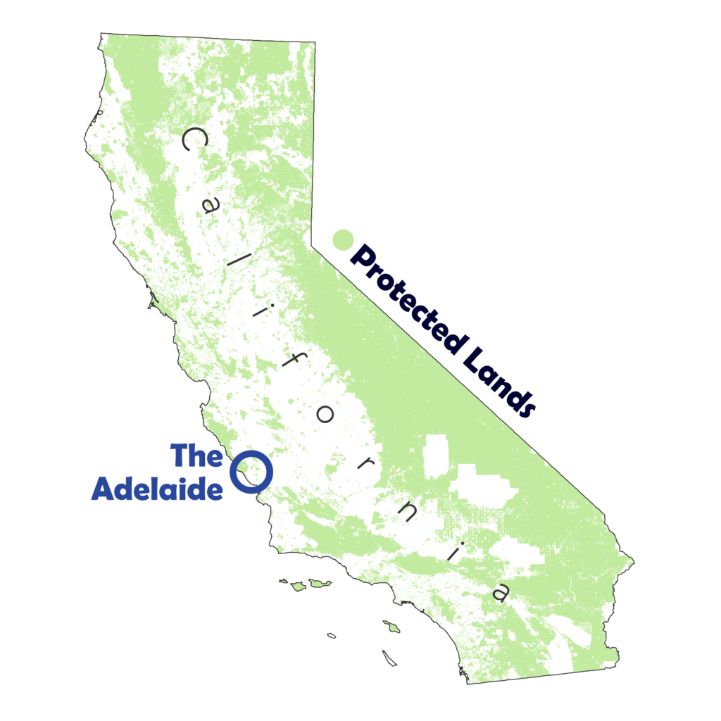Map of California with Adelaide region in NW SLO County highlighted.